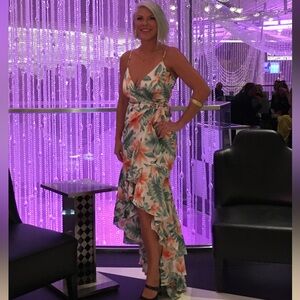 Lily Tropical Hibiscus Print Satin High-Low Dress with train